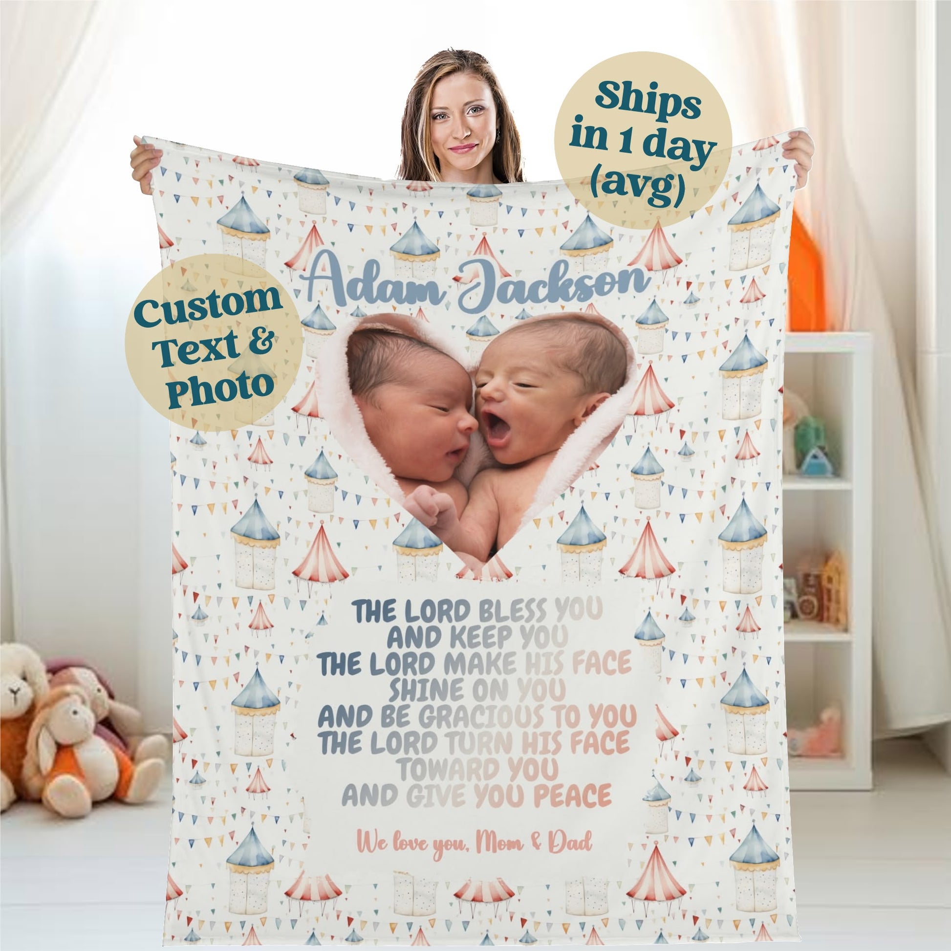 A woman holds the Personalized Baby Name Blanket, customized with a heart-shaped photo of two newborns. The blanket features personalized blessings and details amidst playful pastel patterns of tents and bunting. Options for including personalized text or a Bible verse make this Custom Photo Blanket Gift truly unique.