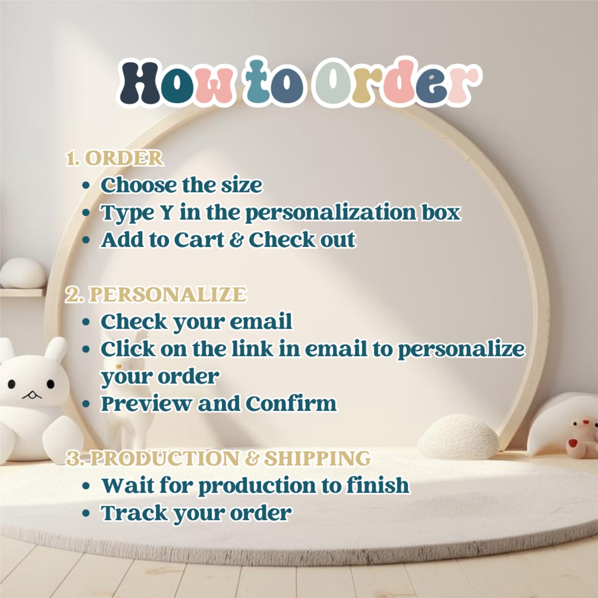 An adorable room showcases toys scattered across the floor, with a circular mirror as a backdrop. A "How to Order" guide is overlaid, detailing the steps: Select your blanket size, personalize it by emailing options such as a Personalized Baby Name Blanket or Custom Photo Blanket Gift, and then track your order once production is complete.