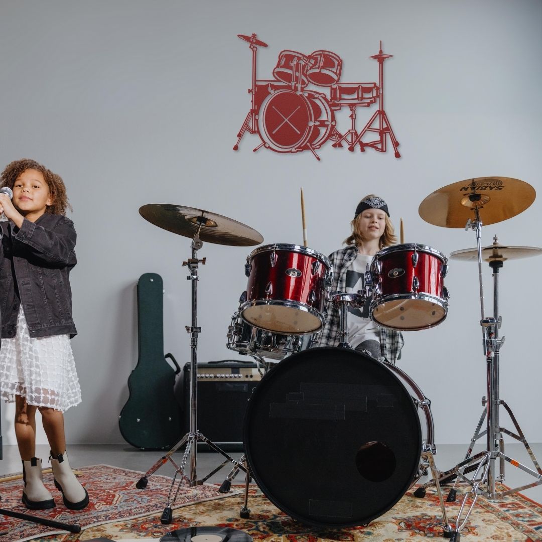 metal wall sign drummer drumkit