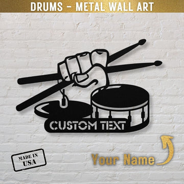 Hand with Drumsticks, Cymbals, Hihat and Custom Text | Custom Metal Wall Art