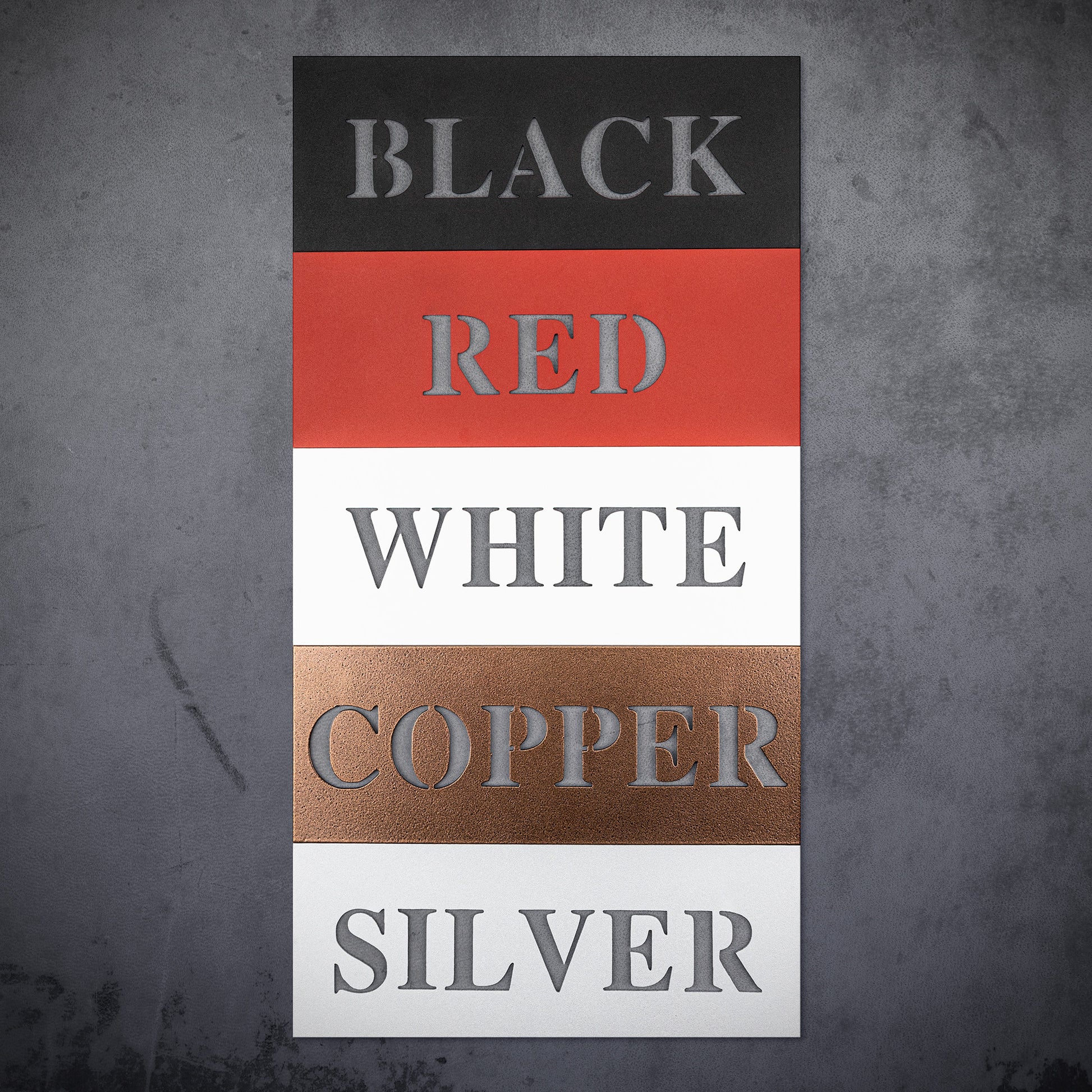 The product "When Words Fail Music Speaks | Mic" features a color palette display with five sections labeled "Black," "Red," "White," "Copper," and "Silver." Each section matches its label against a textured gray background, resembling a powder-coated metal sign, making it ideal for unique home decor.