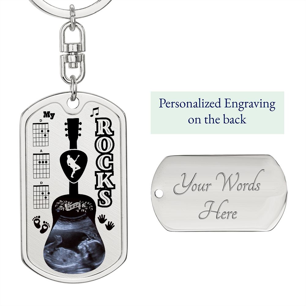 My Dad Rocks Sonogram | Personalized Military Style Keychain for Guitar Dad