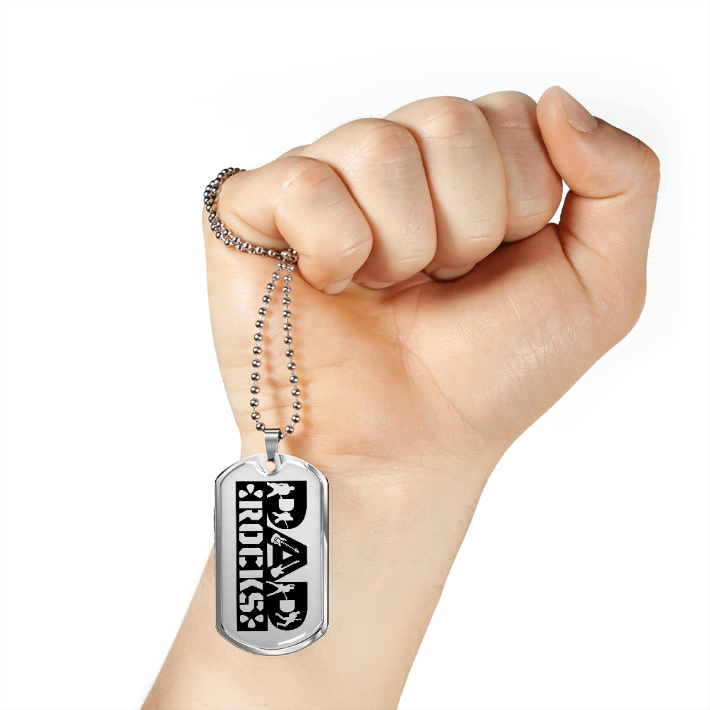 Dad Rocks Text with Guitarist Figures Dog Tag Necklace for Guitarist | Military Style Necklace SDT-DTD-0114