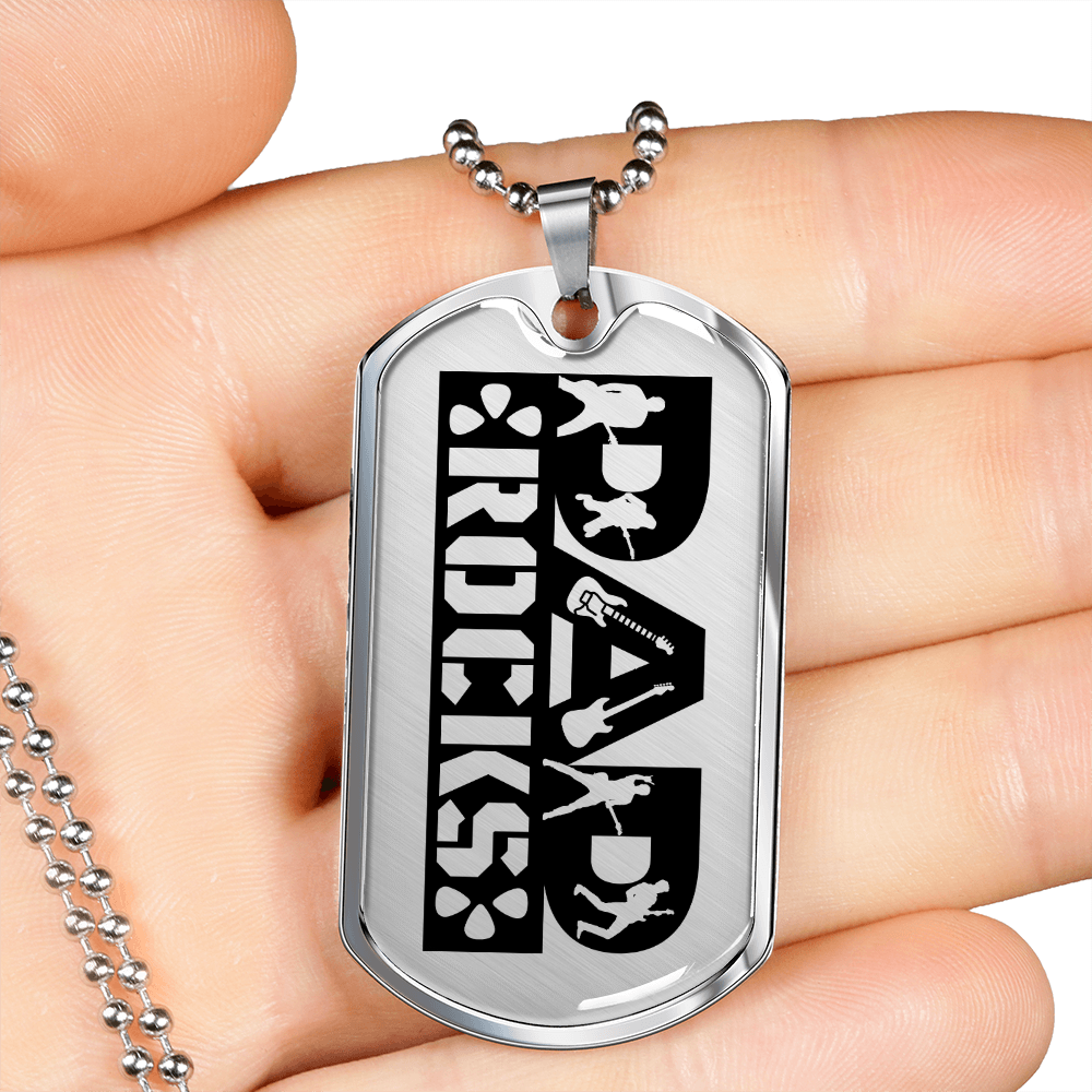 Dad Rocks Text with Guitarist Figures Dog Tag Necklace for Guitarist | Military Style Necklace SDT-DTD-0114
