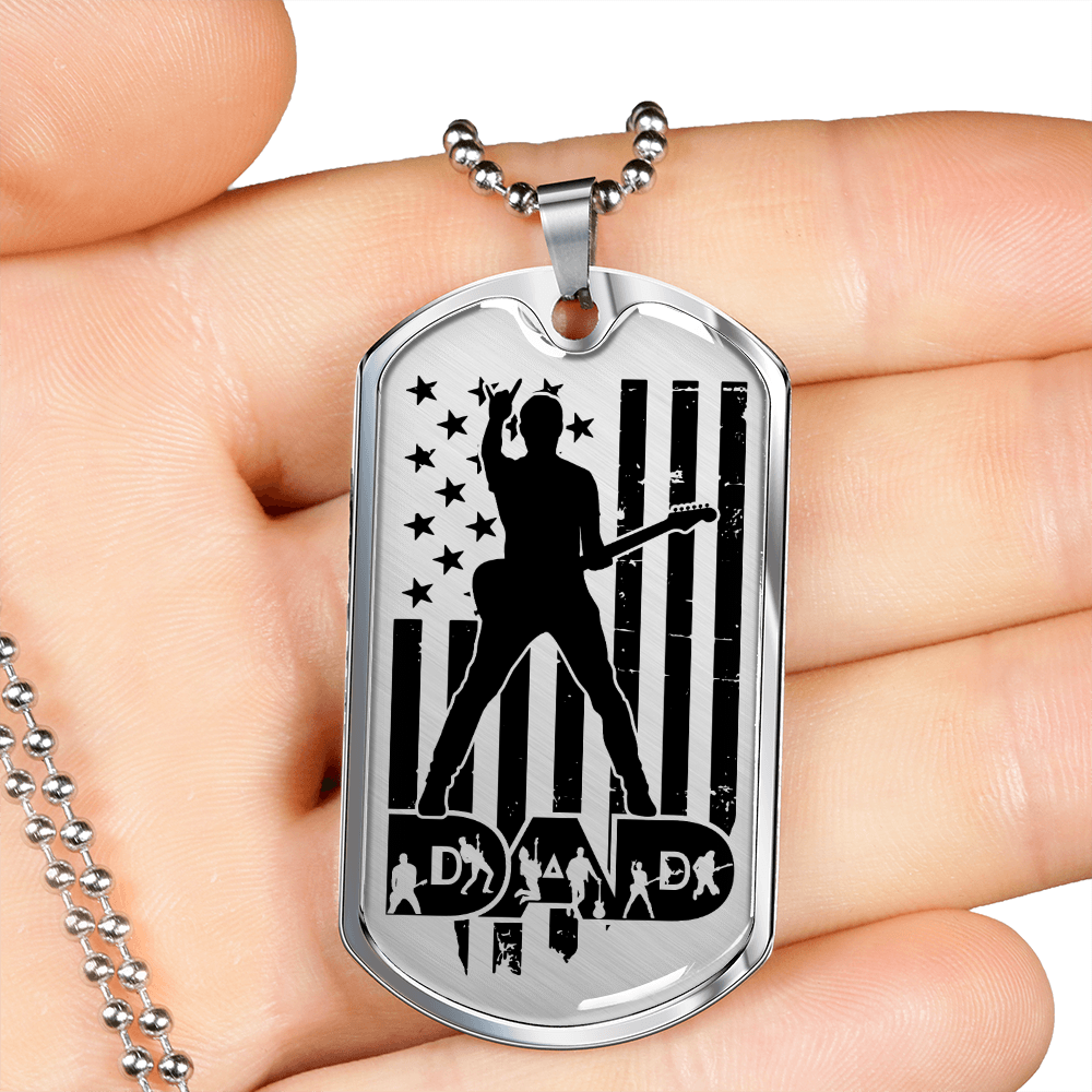 Dad Text with Guitarist Figures, USA Flag, Guitarist Silhouette Dog Tag Necklace for Guitarist | Military Style Necklace SDT-DTD-0111