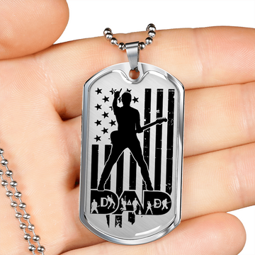 Dad Text with Guitarist Figures, USA Flag, Guitarist Silhouette Dog Tag Necklace for Guitarist | Military Style Necklace SDT-DTD-0111