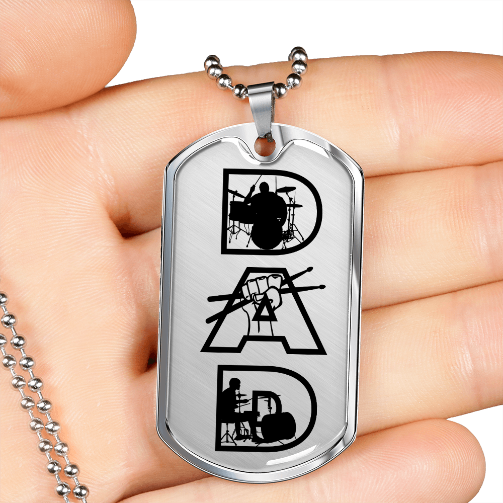 Dad Text with Drummer Figures Dog Tag Necklace for Drummer | Military Style Necklace SDT-DTD-0117