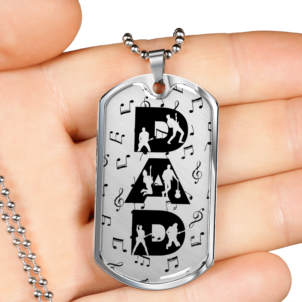 Dad Text with Guitarist Figures and Music Notes Dog Tag Necklace for Guitarist | Military Style Necklace SDT-DTD-0106