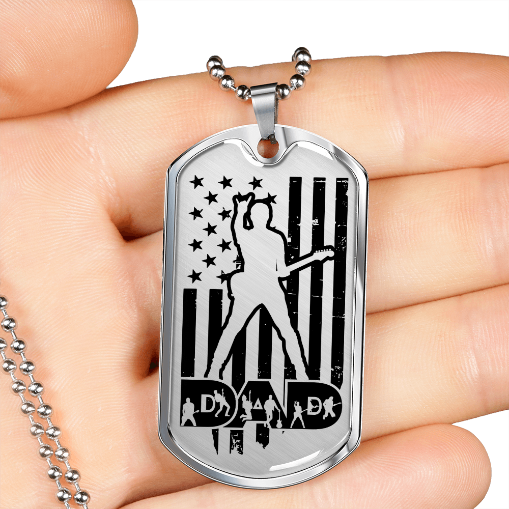 Dad Text with Guitarist Figures, USA Flag, Guitarist Outline Dog Tag Necklace for Guitarist | Military Style Necklace SDT-DTD-0109