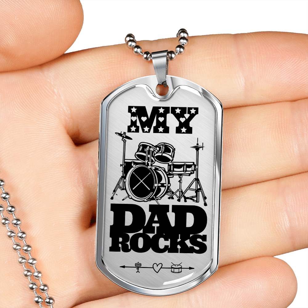 My Dad Rocks Drumkit Dog Tag Necklace for Drummer Dad | Military Style Necklace SDT-DTD-0115