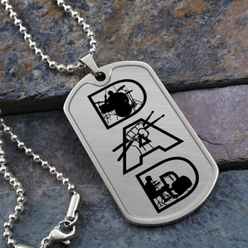 Dad Text with Drummer Figures Dog Tag Necklace for Drummer | Military Style Necklace SDT-DTD-0117