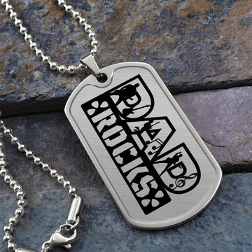 Dad Rocks Text with Guitarist Figures Dog Tag Necklace for Guitarist | Military Style Necklace SDT-DTD-0113