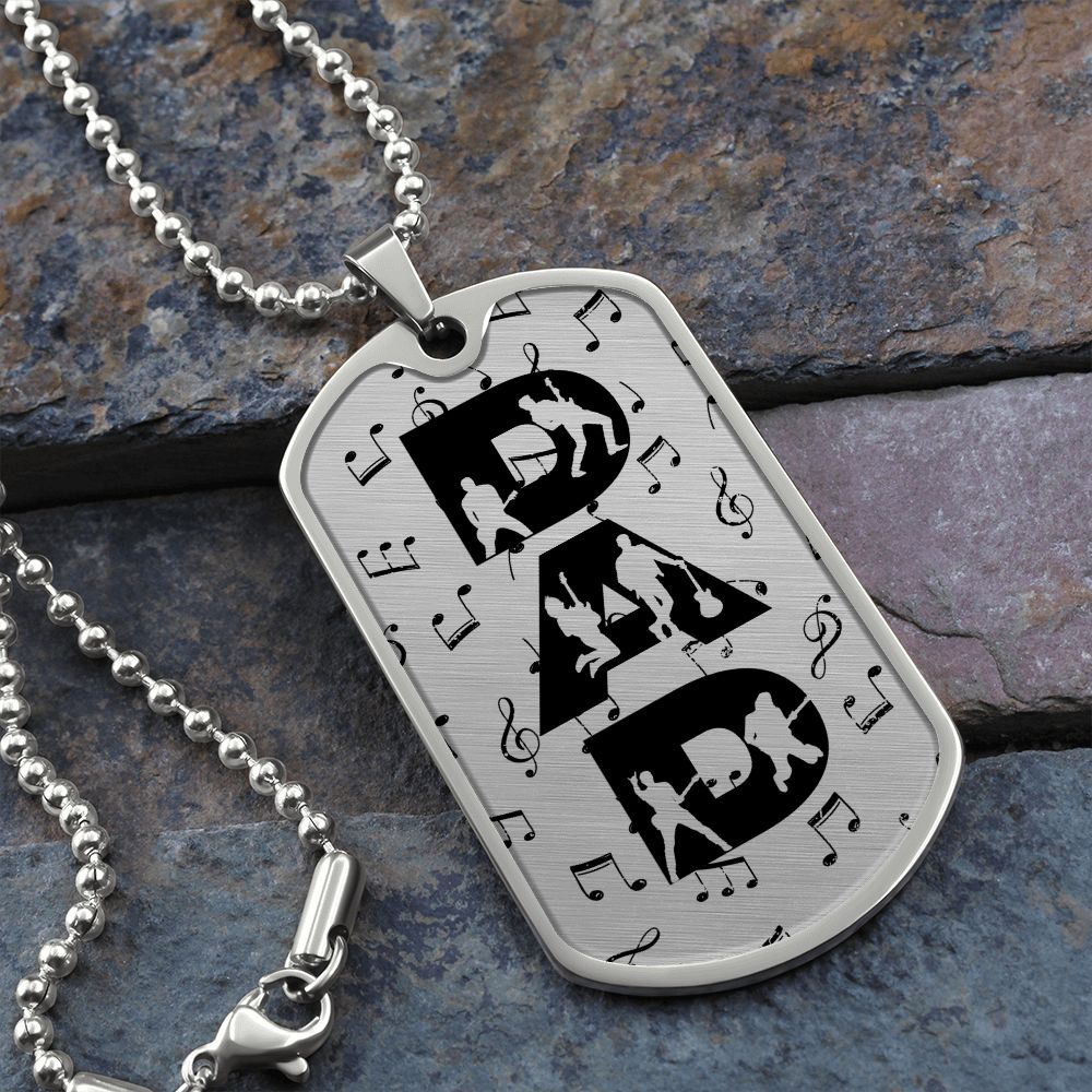 Dad Text with Guitarist Figures and Music Notes Dog Tag Necklace for Guitarist | Military Style Necklace SDT-DTD-0106