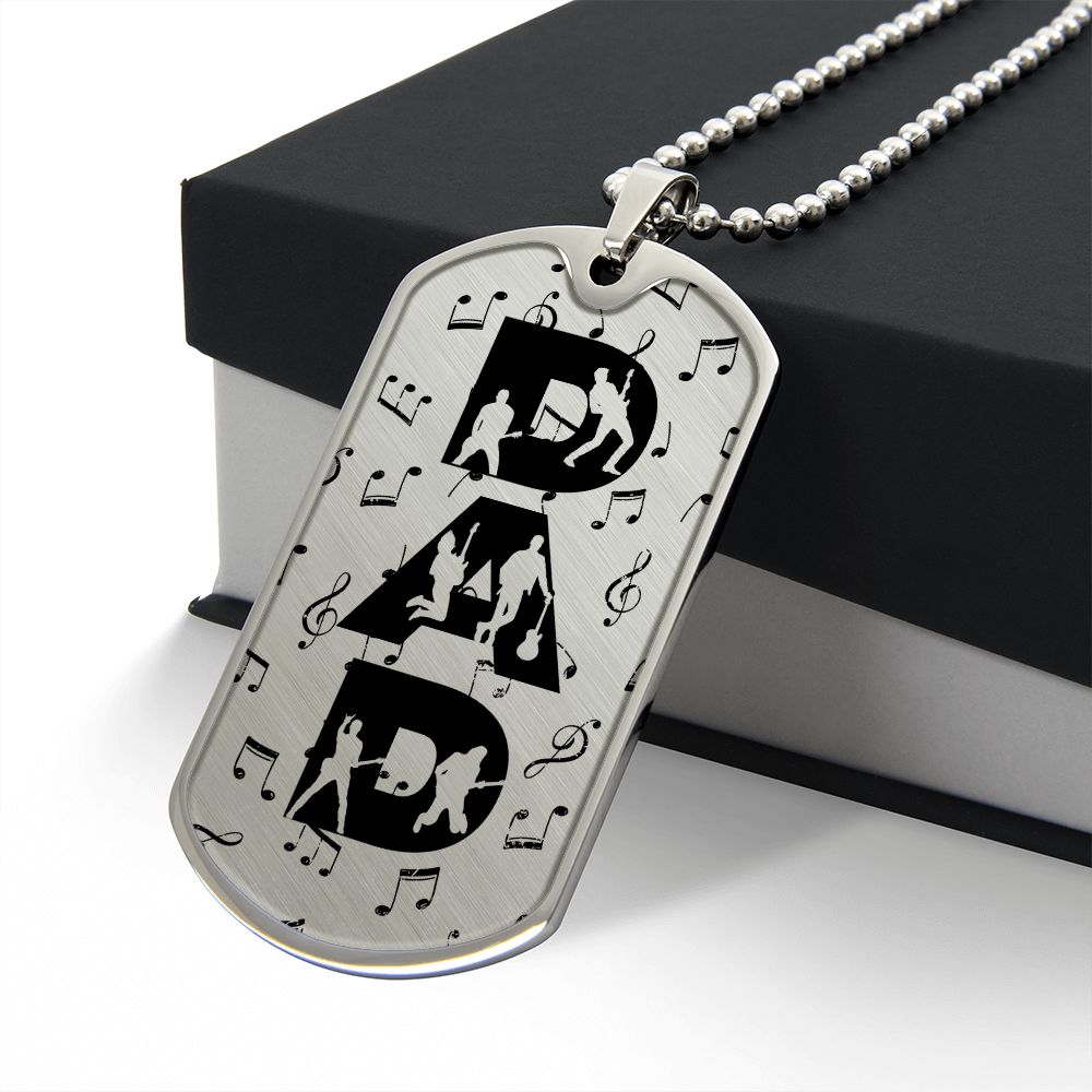 Dad Text with Guitarist Figures and Music Notes Dog Tag Necklace for Guitarist | Military Style Necklace SDT-DTD-0106