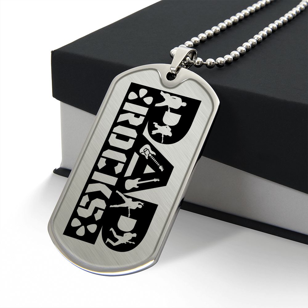 Dad Rocks Text with Guitarist Figures Dog Tag Necklace for Guitarist | Military Style Necklace SDT-DTD-0114