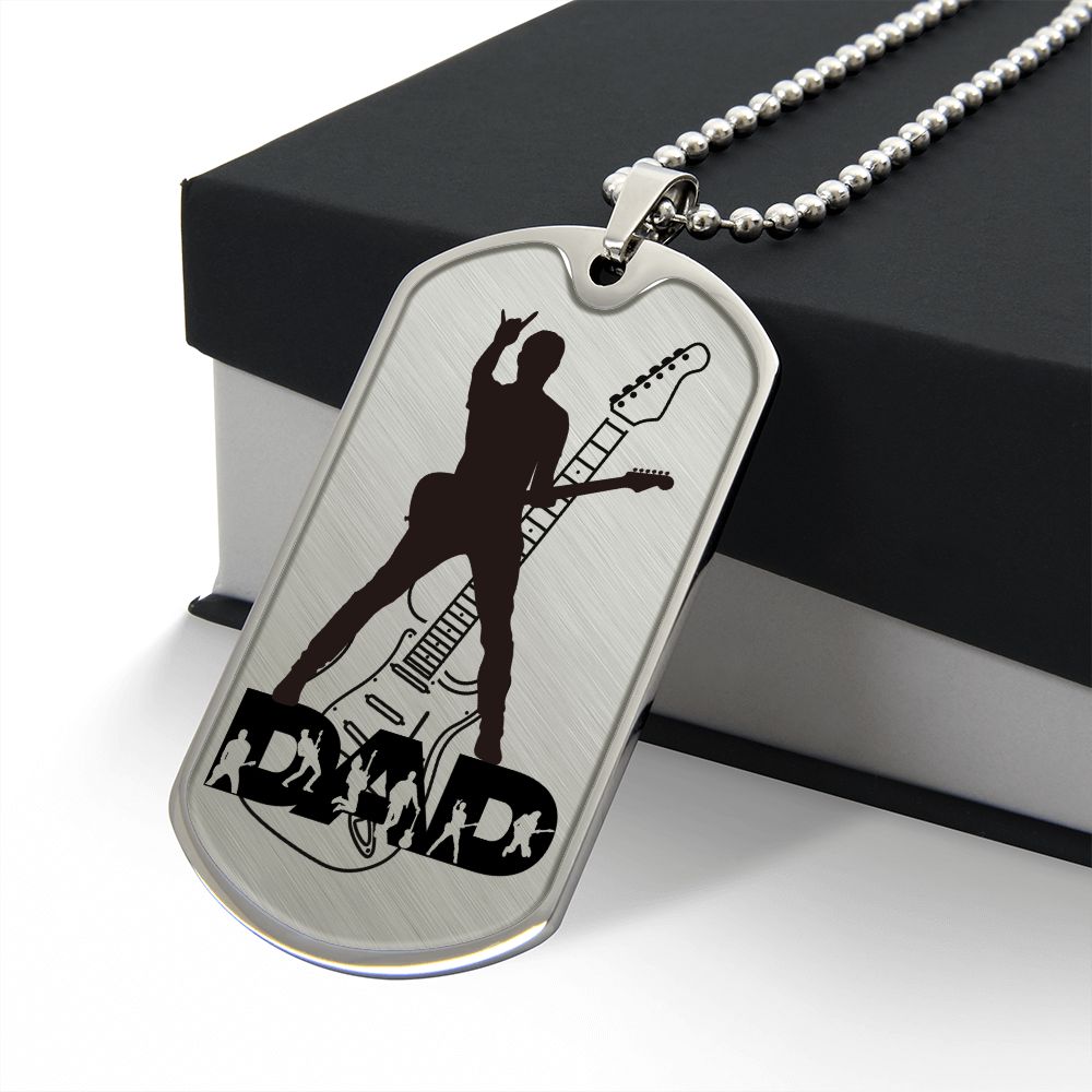 Dad Text with Guitarist Figures, Guitar Dog Tag Necklace for Guitarist | Military Style Necklace SDT-DTD-0112