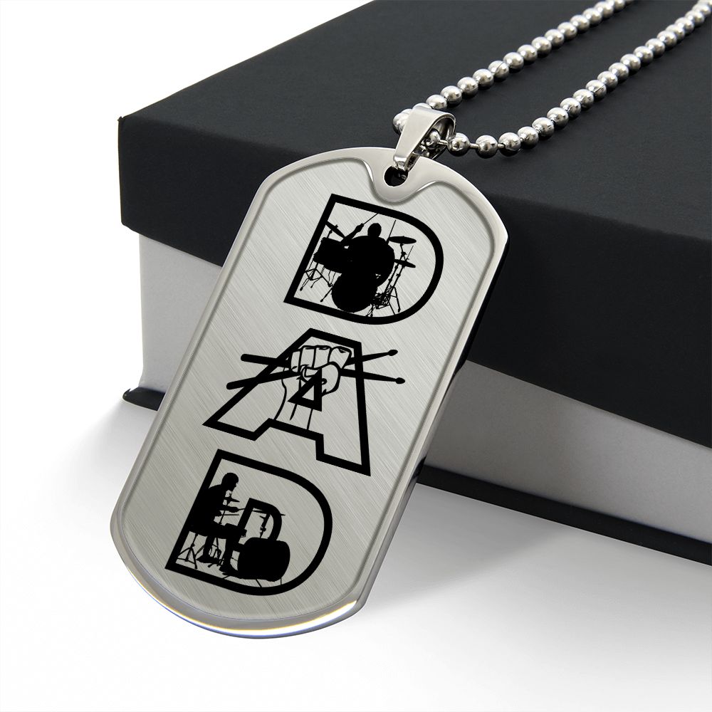 Dad Text with Drummer Figures Dog Tag Necklace for Drummer | Military Style Necklace SDT-DTD-0117
