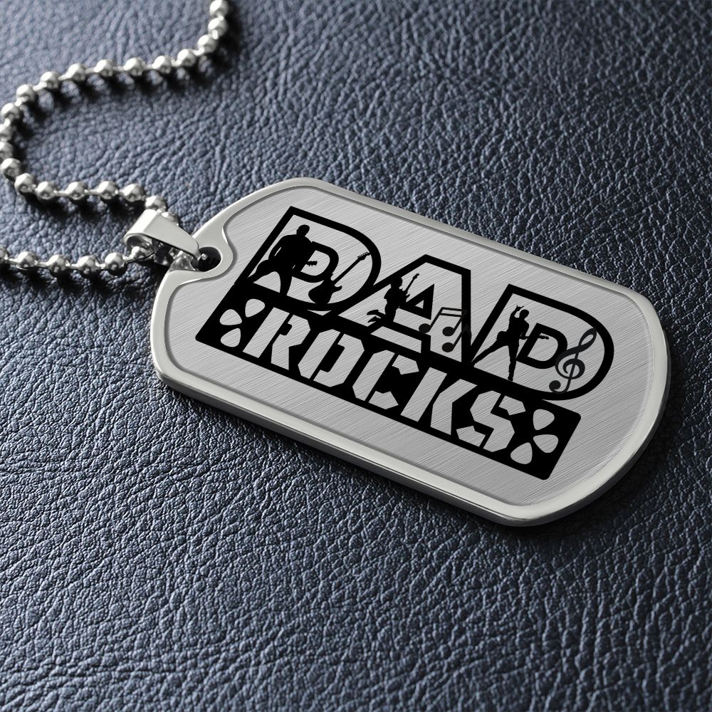 Dad Rocks Text with Guitarist Figures Dog Tag Necklace for Guitarist | Military Style Necklace SDT-DTD-0113