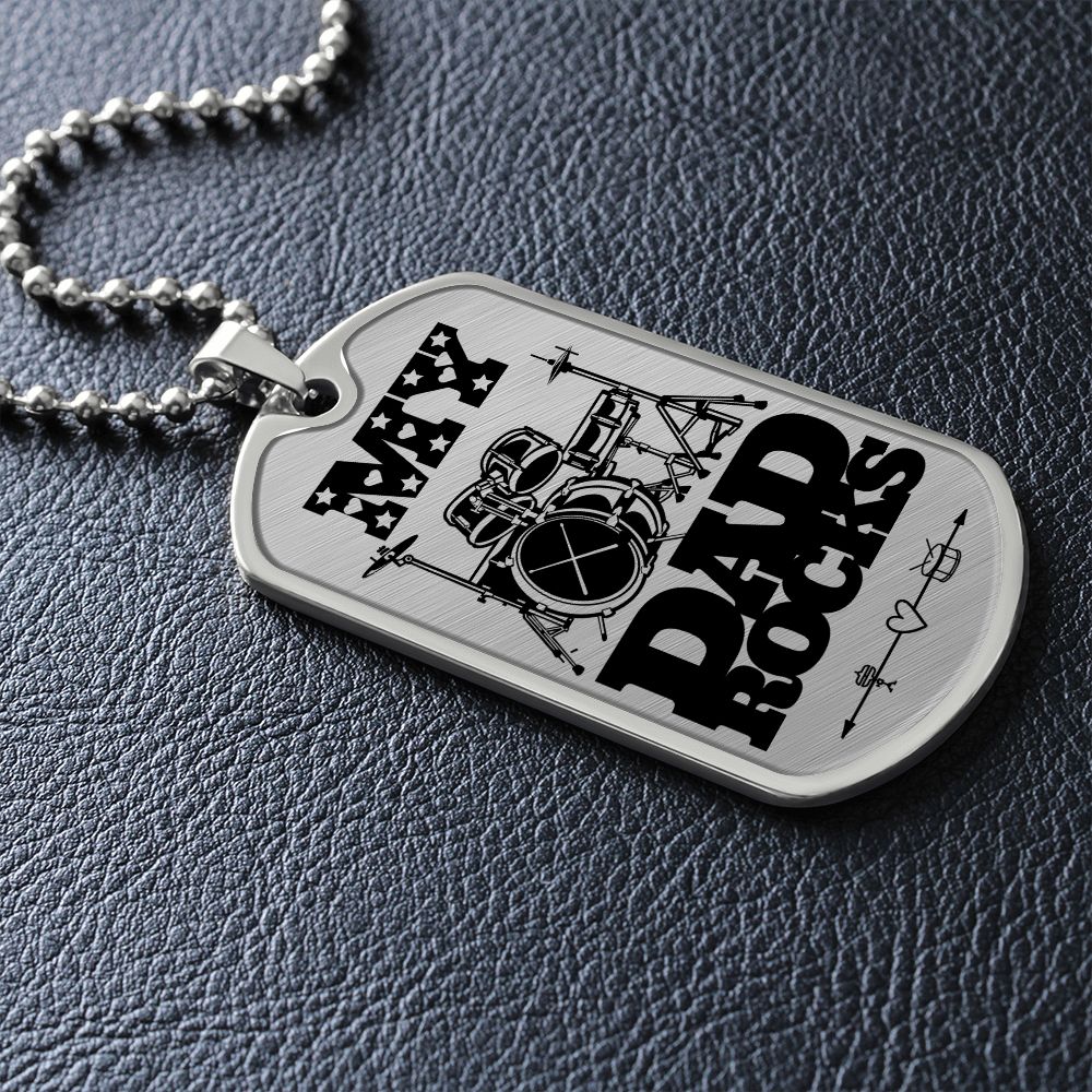 My Dad Rocks Drumkit Dog Tag Necklace for Drummer Dad | Military Style Necklace SDT-DTD-0115