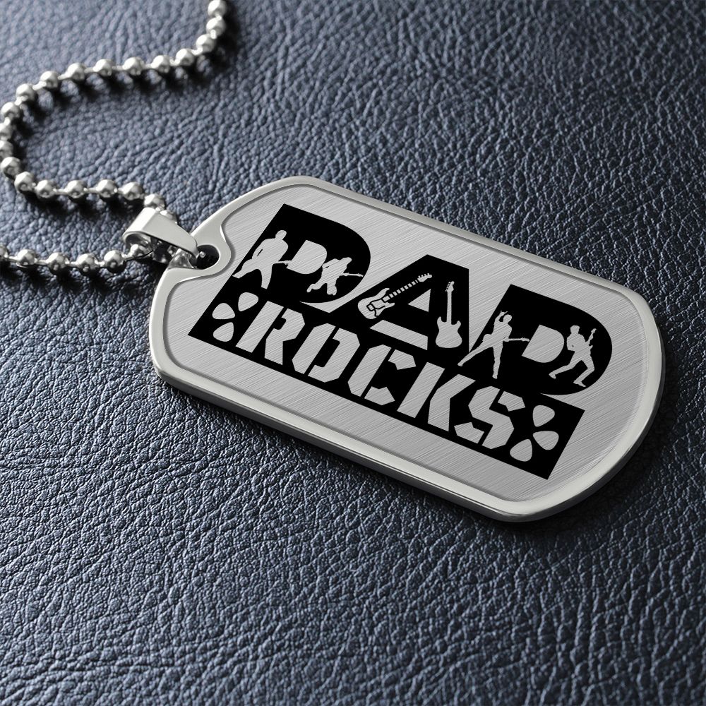 Dad Rocks Text with Guitarist Figures Dog Tag Necklace for Guitarist | Military Style Necklace SDT-DTD-0114