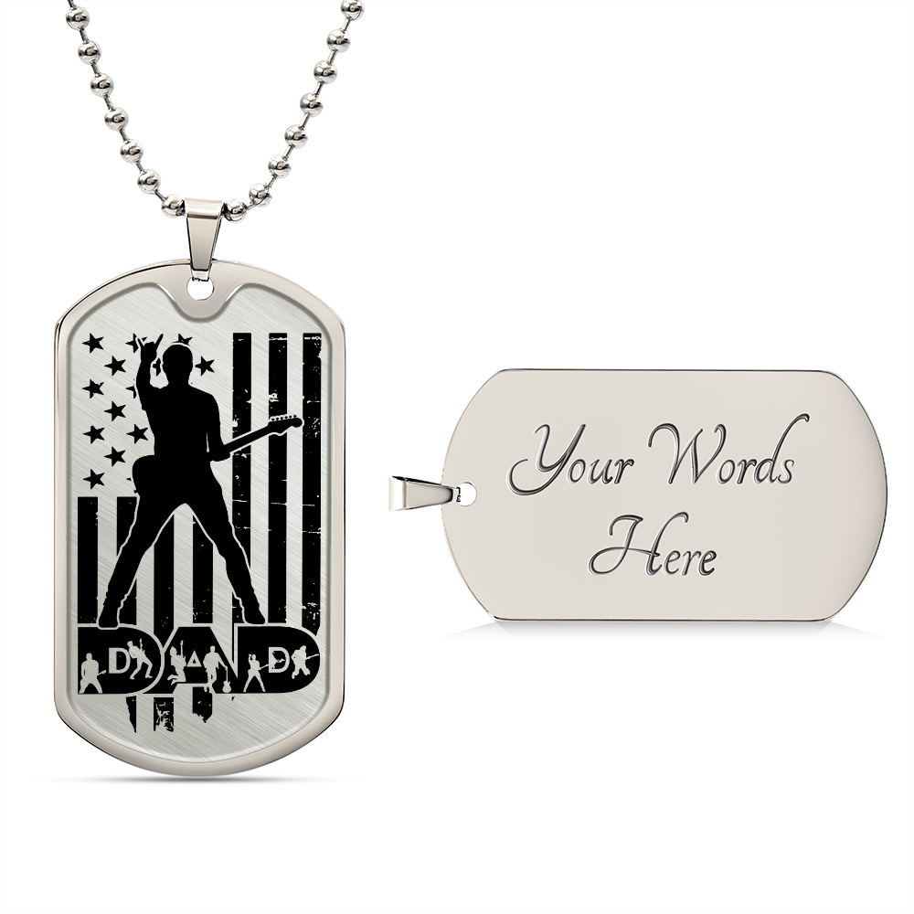 Dad Text with Guitarist Figures, USA Flag, Guitarist Silhouette Dog Tag Necklace for Guitarist | Military Style Necklace SDT-DTD-0111