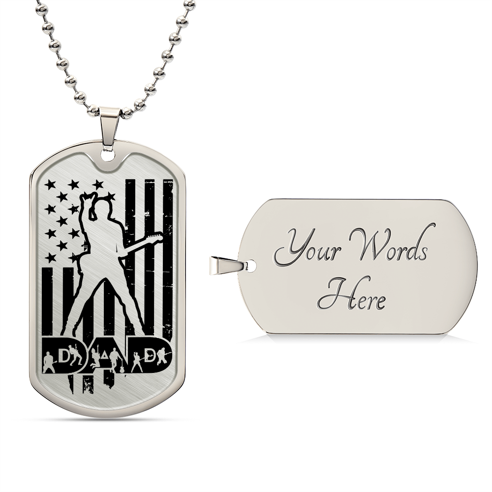 Dad Text with Guitarist Figures, USA Flag, Guitarist Outline Dog Tag Necklace for Guitarist | Military Style Necklace SDT-DTD-0109