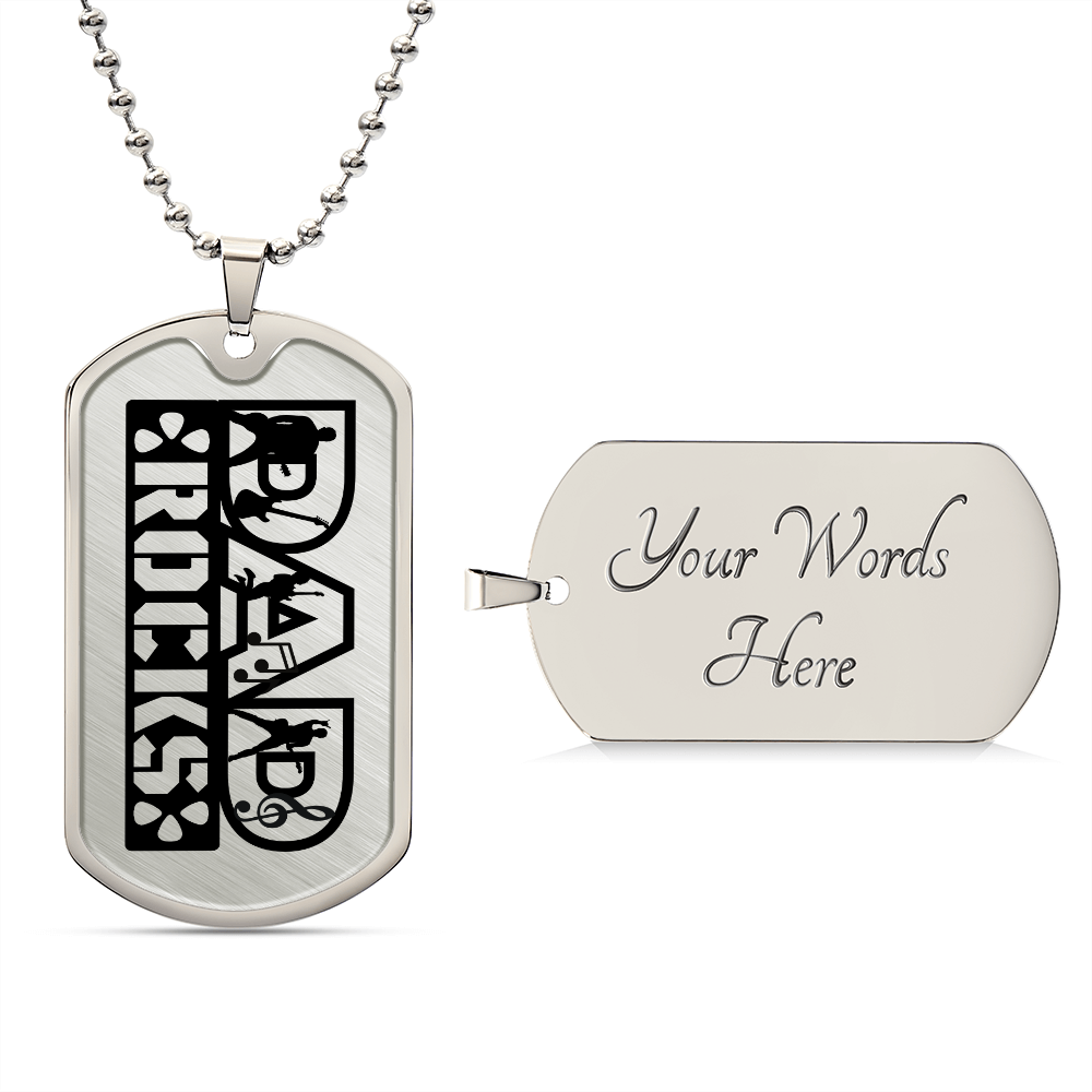Dad Rocks Text with Guitarist Figures Dog Tag Necklace for Guitarist | Military Style Necklace SDT-DTD-0113