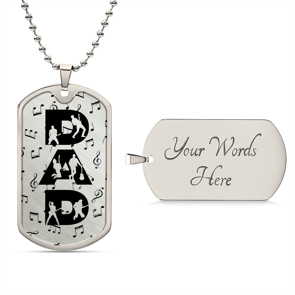 Dad Text with Guitarist Figures and Music Notes Dog Tag Necklace for Guitarist | Military Style Necklace SDT-DTD-0106