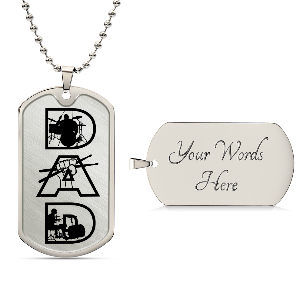 Dad Text with Drummer Figures Dog Tag Necklace for Drummer | Military Style Necklace SDT-DTD-0117