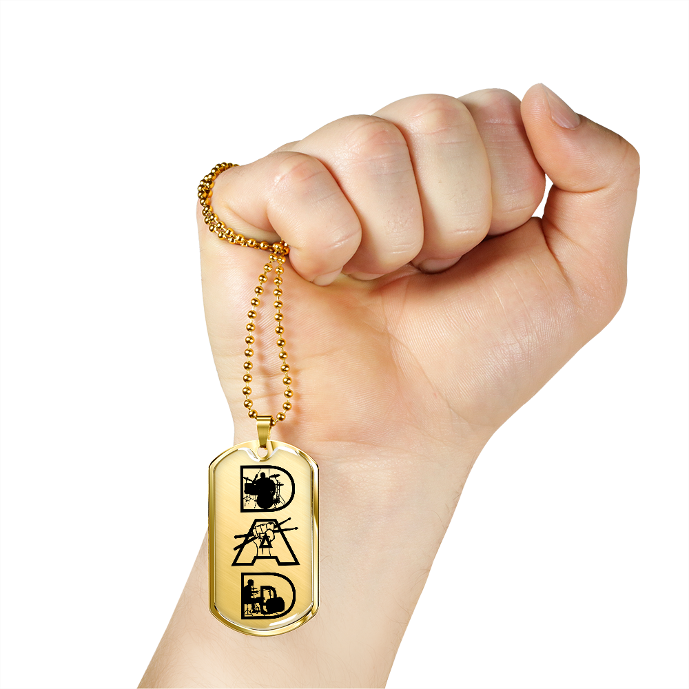 Dad Text with Drummer Figures Dog Tag Necklace for Drummer | Military Style Necklace SDT-DTD-0117