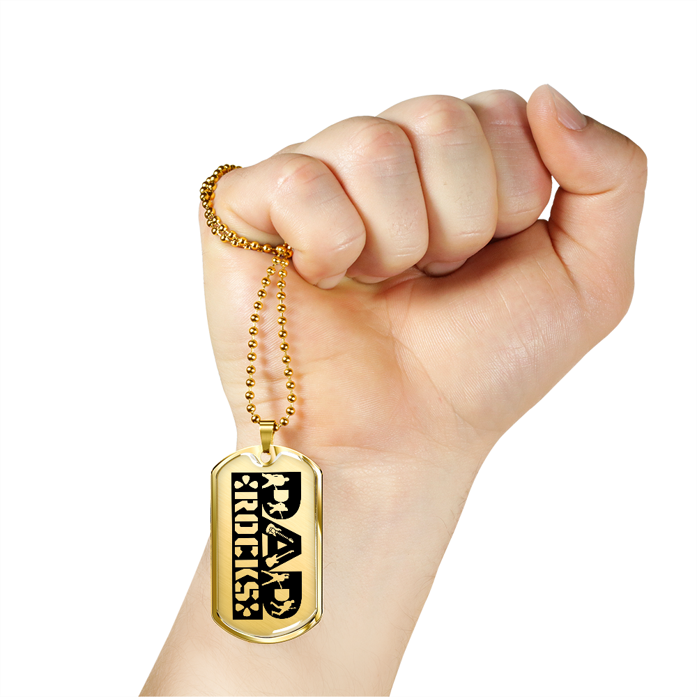 Dad Rocks Text with Guitarist Figures Dog Tag Necklace for Guitarist | Military Style Necklace SDT-DTD-0114