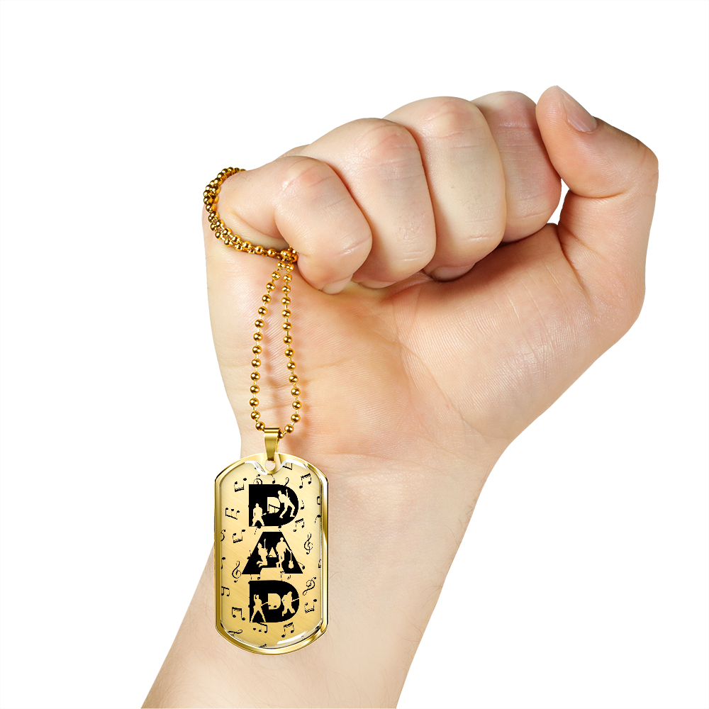 Dad Text with Guitarist Figures and Music Notes Dog Tag Necklace for Guitarist | Military Style Necklace SDT-DTD-0106
