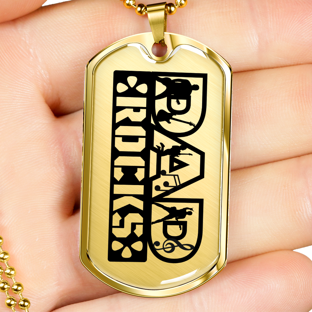 Dad Rocks Text with Guitarist Figures Dog Tag Necklace for Guitarist | Military Style Necklace SDT-DTD-0113