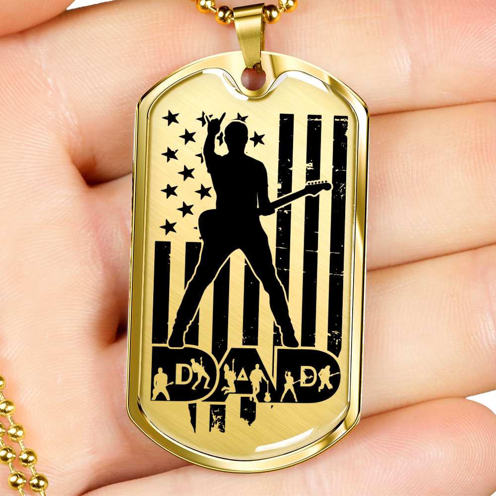Dad Text with Guitarist Figures, USA Flag, Guitarist Silhouette Dog Tag Necklace for Guitarist | Military Style Necklace SDT-DTD-0111