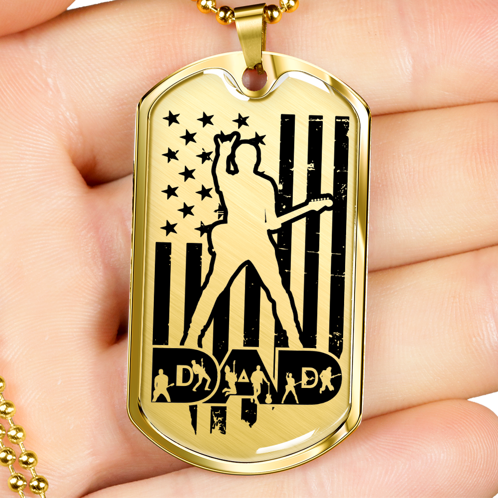 Dad Text with Guitarist Figures, USA Flag, Guitarist Outline Dog Tag Necklace for Guitarist | Military Style Necklace SDT-DTD-0109