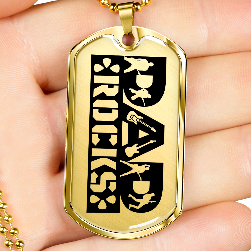 Dad Rocks Text with Guitarist Figures Dog Tag Necklace for Guitarist | Military Style Necklace SDT-DTD-0114
