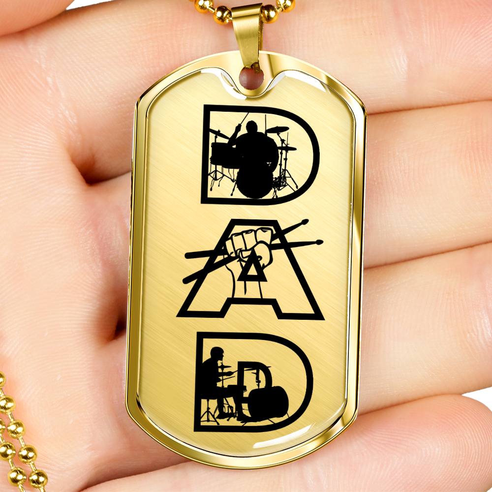 Dad Text with Drummer Figures Dog Tag Necklace for Drummer | Military Style Necklace SDT-DTD-0117