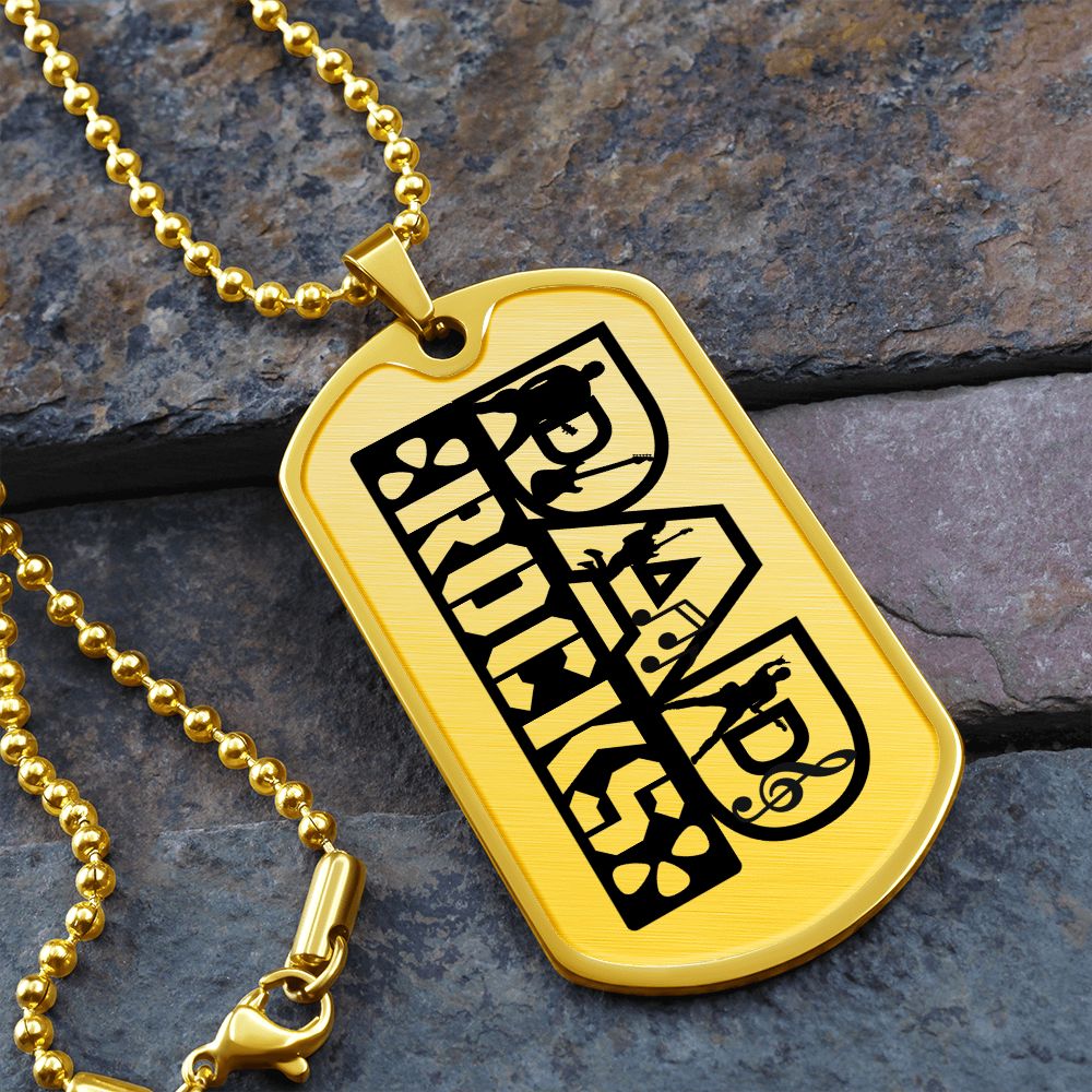 Dad Rocks Text with Guitarist Figures Dog Tag Necklace for Guitarist | Military Style Necklace SDT-DTD-0113