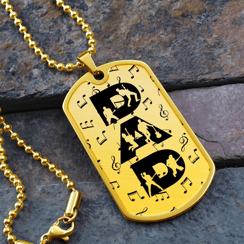 Dad Text with Guitarist Figures and Music Notes Dog Tag Necklace for Guitarist | Military Style Necklace SDT-DTD-0106
