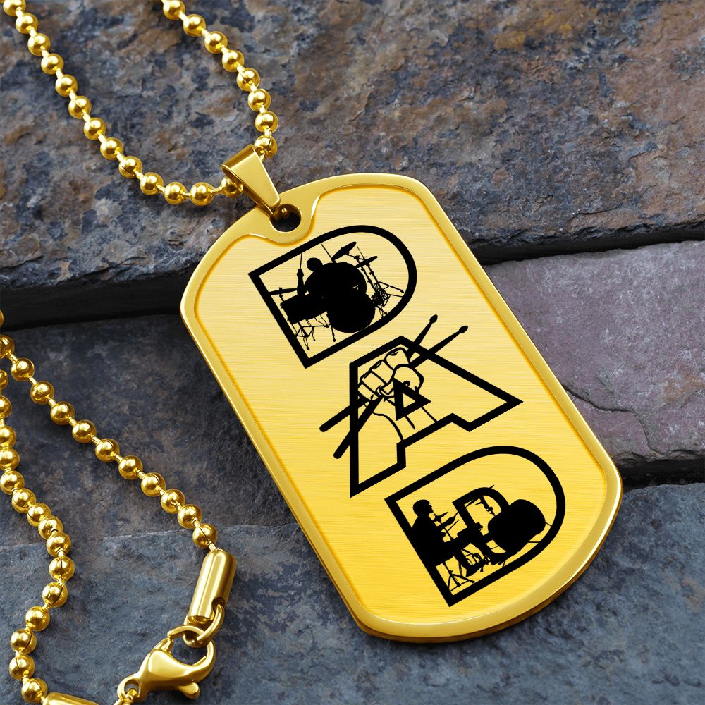 Dad Text with Drummer Figures Dog Tag Necklace for Drummer | Military Style Necklace SDT-DTD-0117