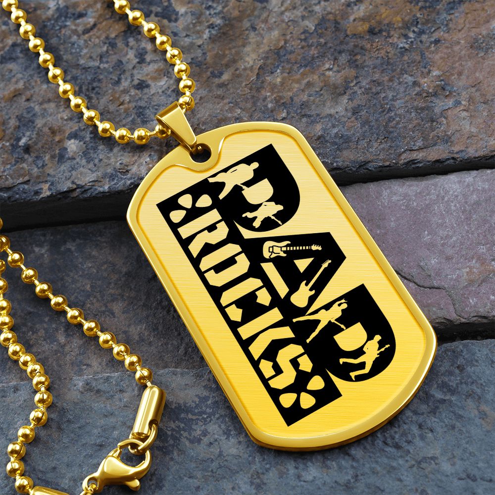 Dad Rocks Text with Guitarist Figures Dog Tag Necklace for Guitarist | Military Style Necklace SDT-DTD-0114
