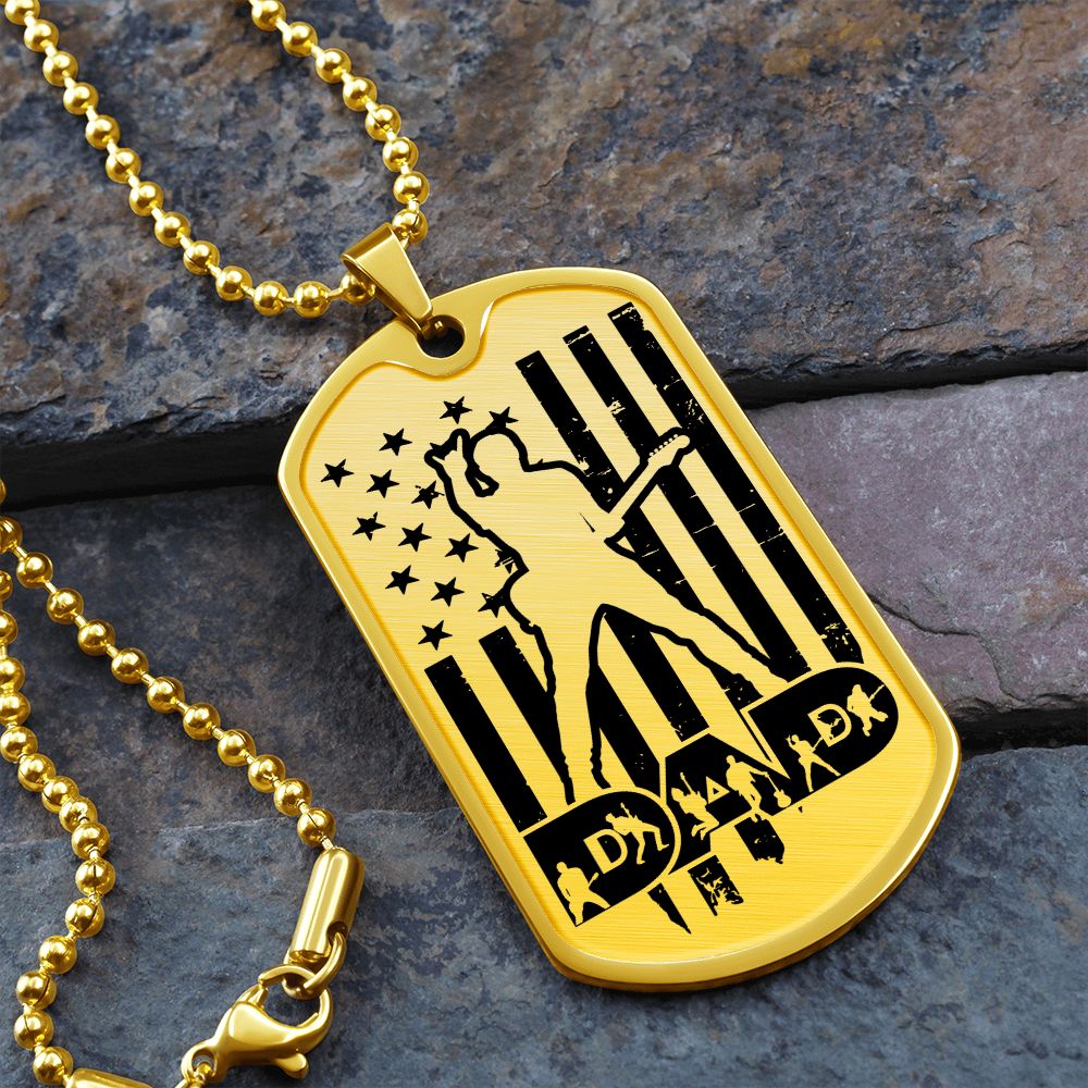 Dad Text with Guitarist Figures, USA Flag, Guitarist Outline Dog Tag Necklace for Guitarist | Military Style Necklace SDT-DTD-0109