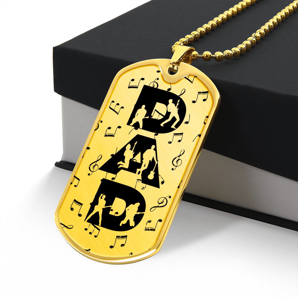 Dad Text with Guitarist Figures and Music Notes Dog Tag Necklace for Guitarist | Military Style Necklace SDT-DTD-0106
