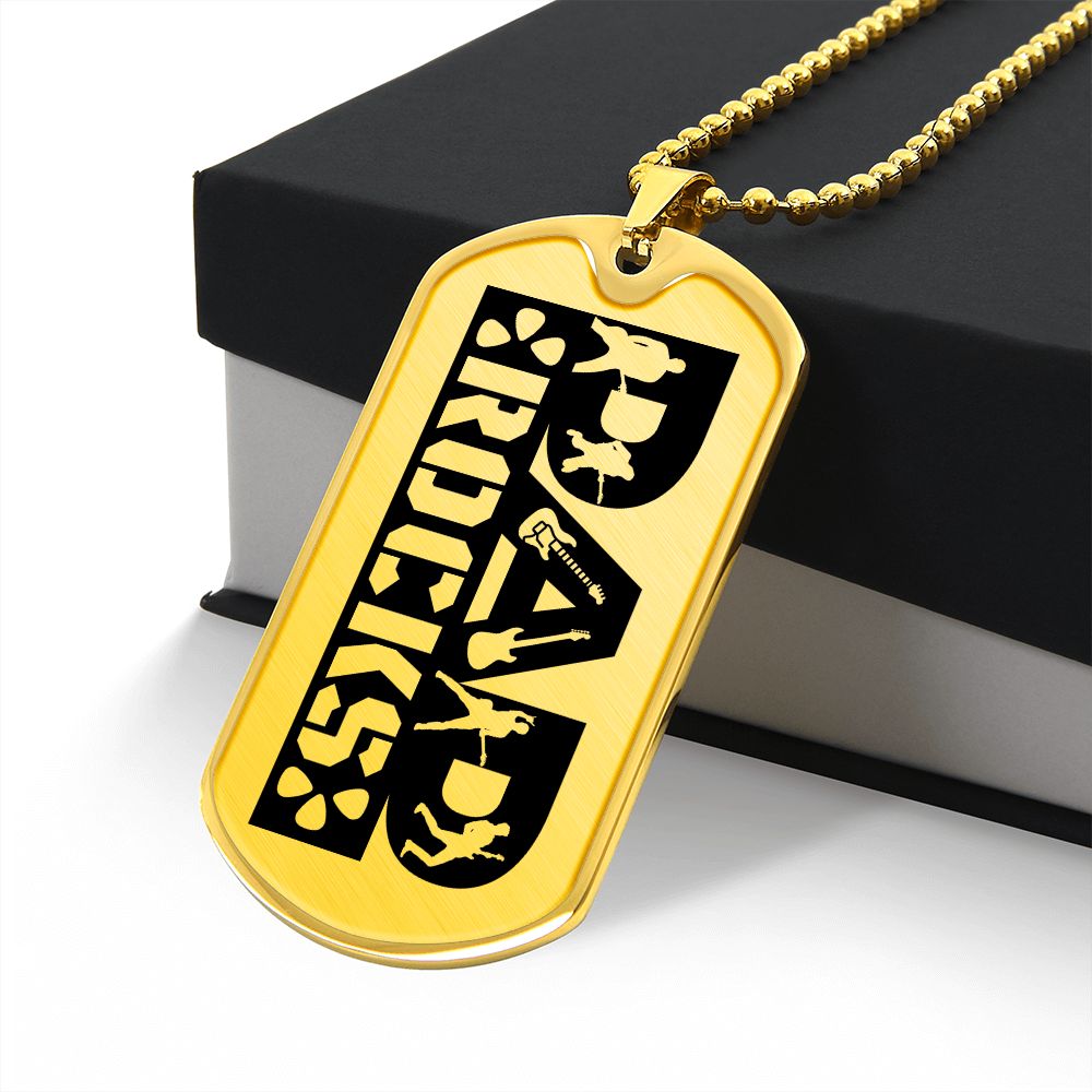 Dad Rocks Text with Guitarist Figures Dog Tag Necklace for Guitarist | Military Style Necklace SDT-DTD-0114