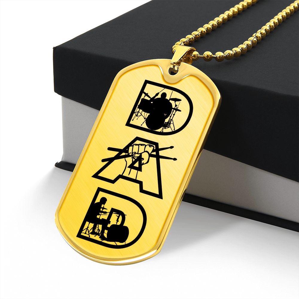 Dad Text with Drummer Figures Dog Tag Necklace for Drummer | Military Style Necklace SDT-DTD-0117