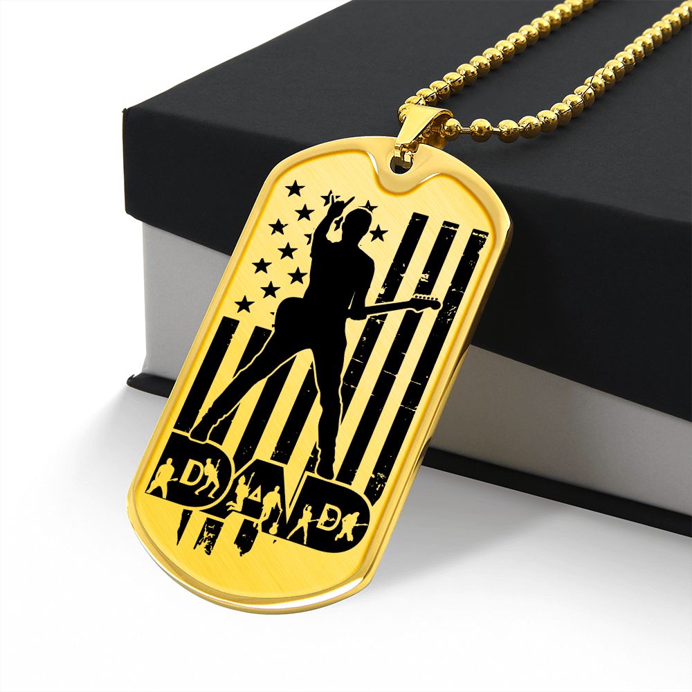 Dad Text with Guitarist Figures, USA Flag, Guitarist Silhouette Dog Tag Necklace for Guitarist | Military Style Necklace SDT-DTD-0111