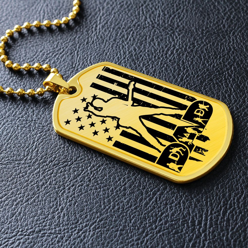 Dad Text with Guitarist Figures, USA Flag, Guitarist Outline Dog Tag Necklace for Guitarist | Military Style Necklace SDT-DTD-0109