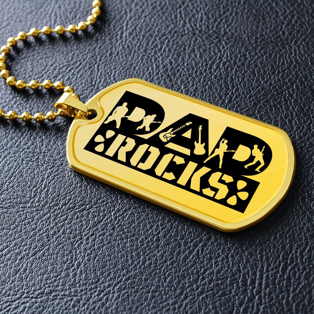Dad Rocks Text with Guitarist Figures Dog Tag Necklace for Guitarist | Military Style Necklace SDT-DTD-0114