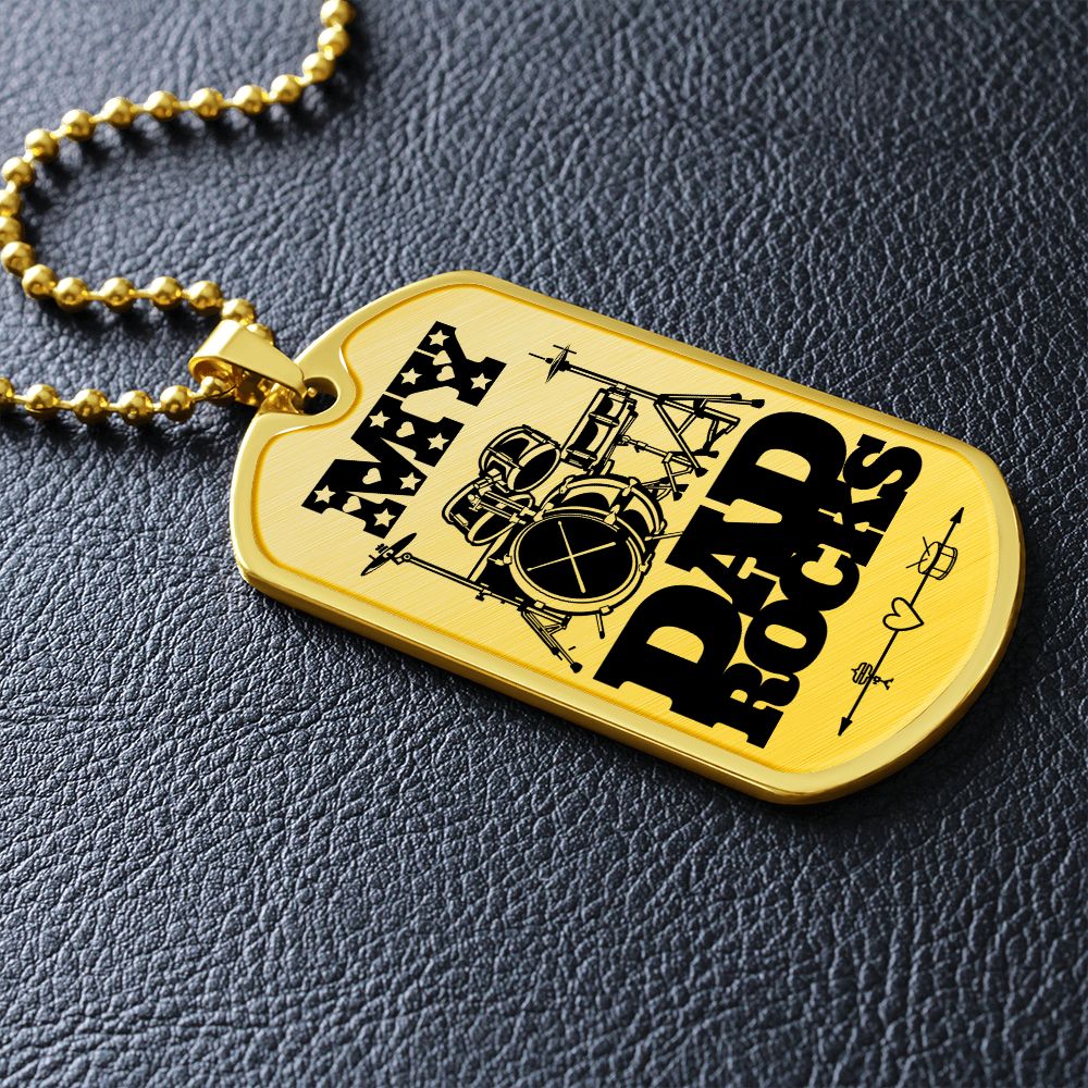 My Dad Rocks Drumkit Dog Tag Necklace for Drummer Dad | Military Style Necklace SDT-DTD-0115