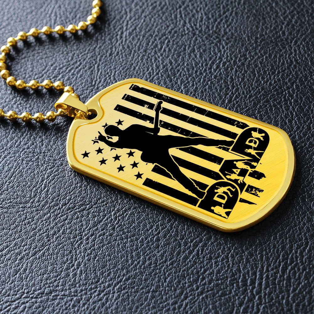 Dad Text with Guitarist Figures, USA Flag, Guitarist Silhouette Dog Tag Necklace for Guitarist | Military Style Necklace SDT-DTD-0111